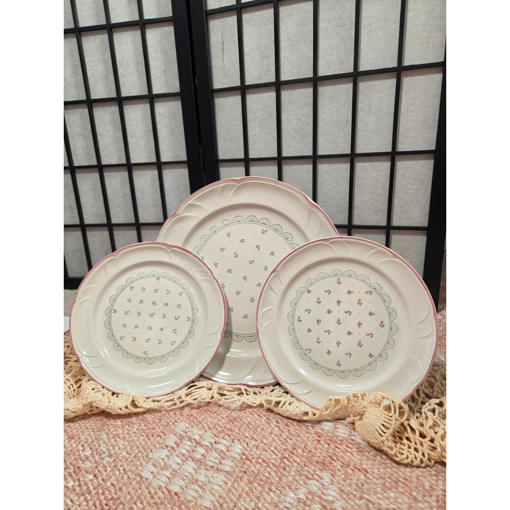Vintage Victoriana Japan Pink Rosebud Stoneware Plate Set 1988 Cottagecore 3pc